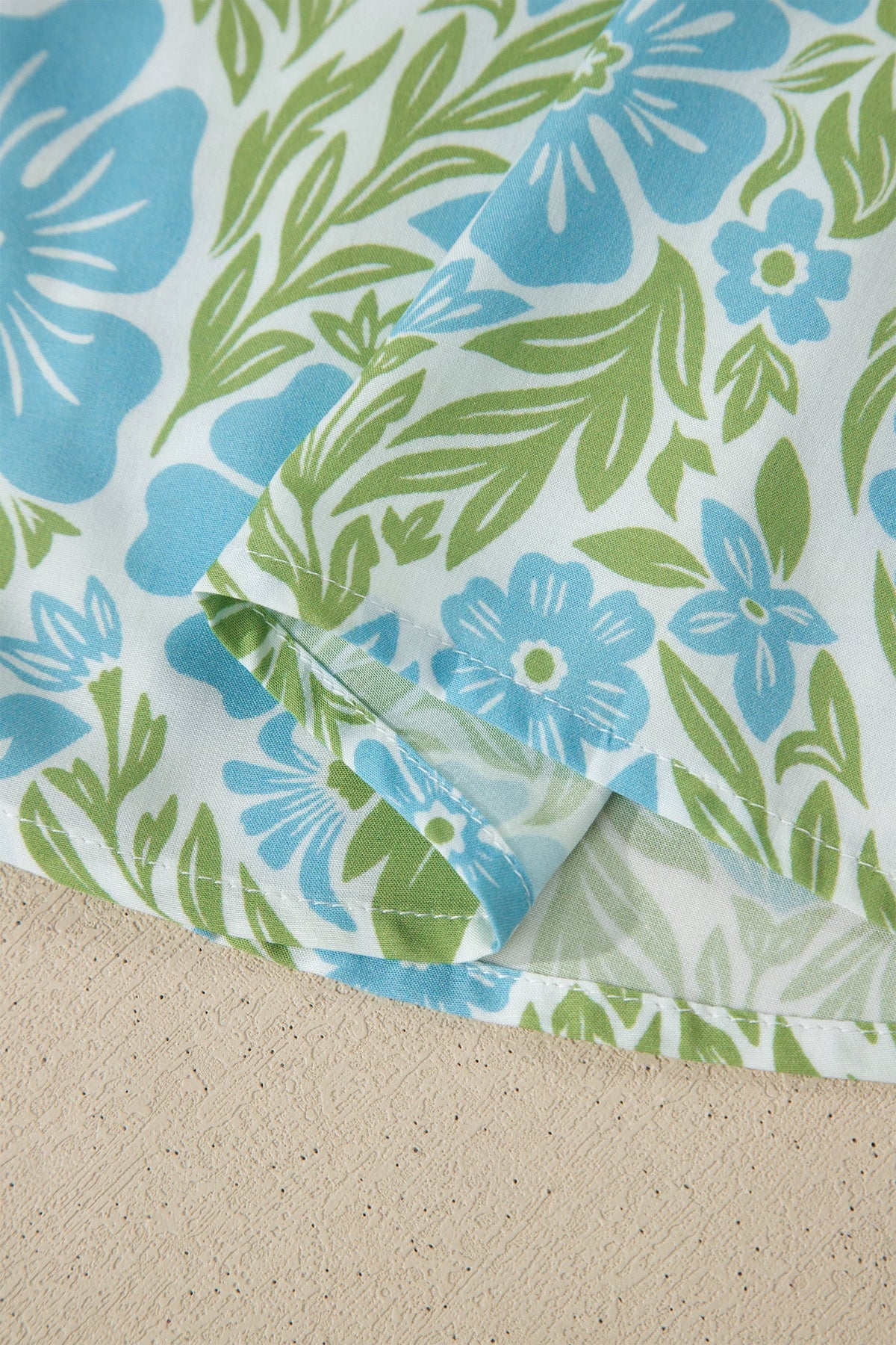 Sky Blue Floral Print Ruffled Color Block Trim Half Sleeve Blouse