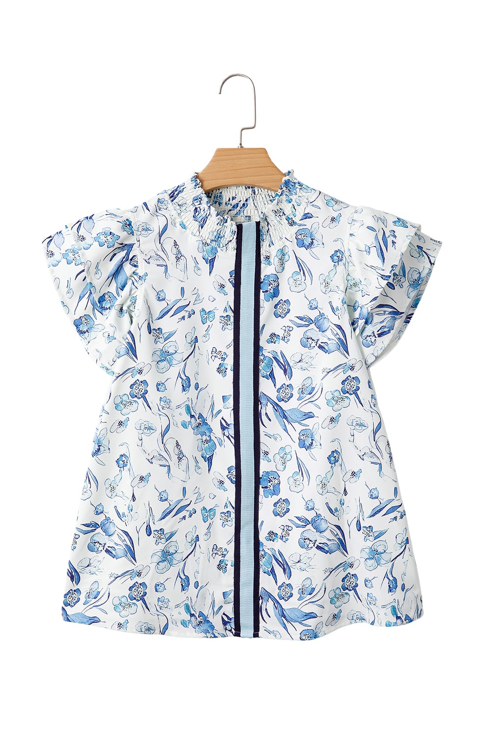 Sky Blue Floral Print Ruffled Short Sleeve Blouse