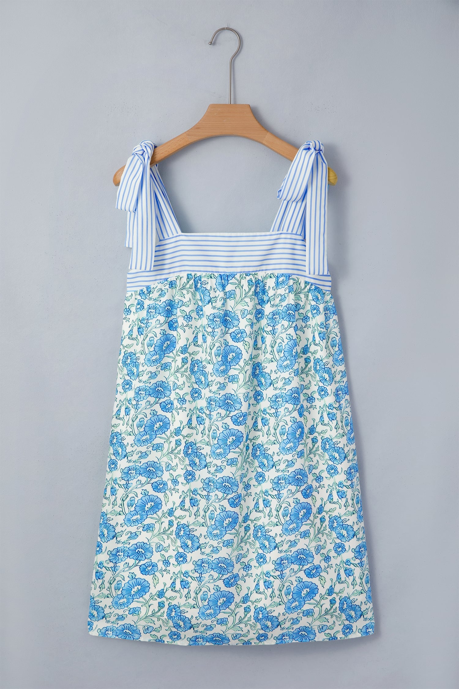 Sky Blue Floral Print Striped Patchwork Bow Knot Straps Mini Dress
