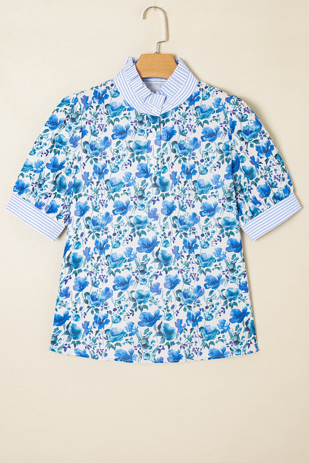 Sky Blue Floral Print Striped Patchwork Collared Short Sleeve Blouse