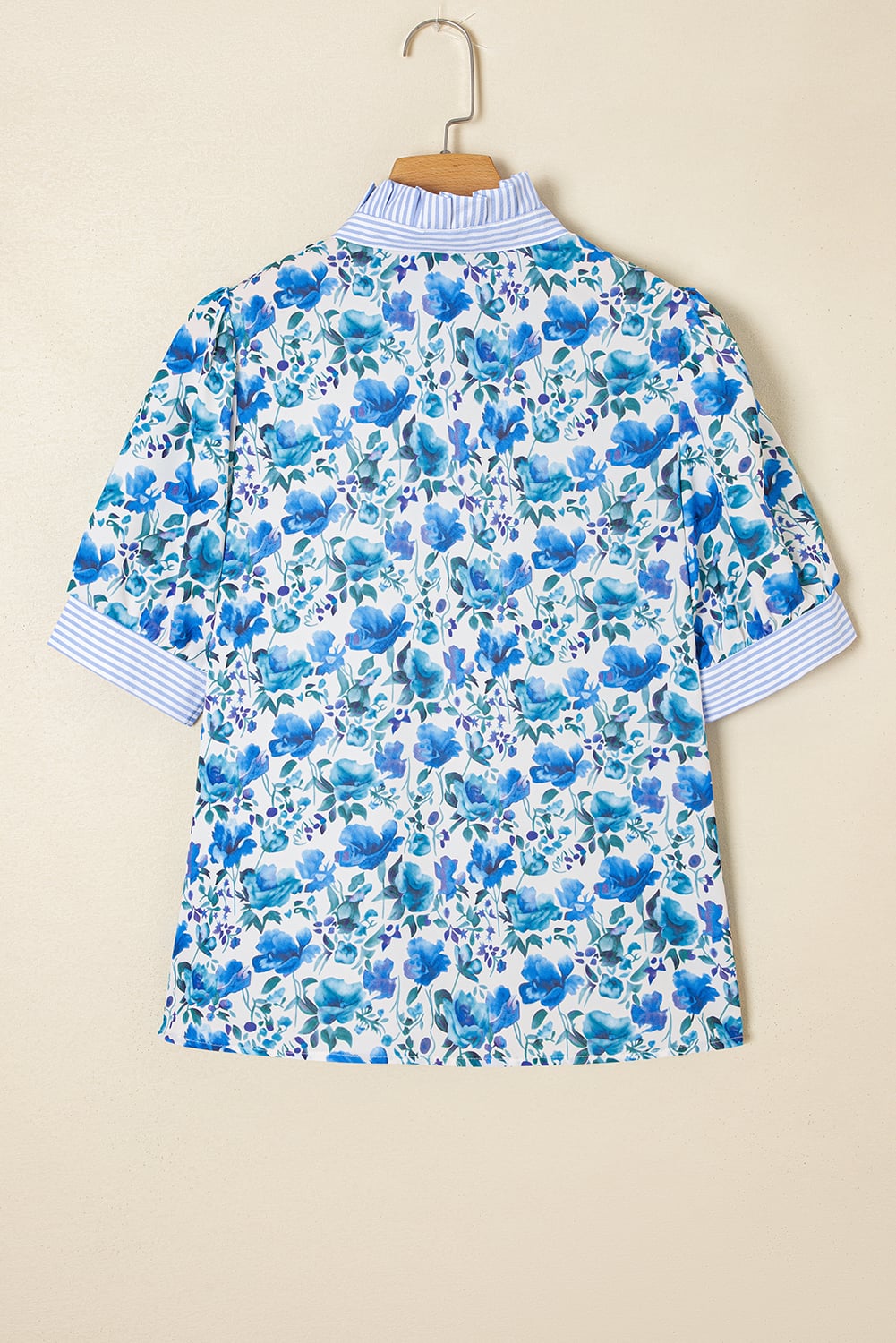 Sky Blue Floral Print Striped Patchwork Collared Short Sleeve Blouse