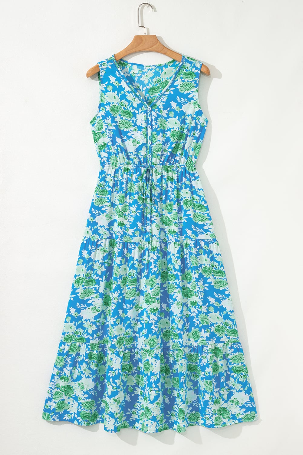 Sky Blue Floral Print Trimmed V Neck Tie Waist Sleeveless Holiday Long Dress