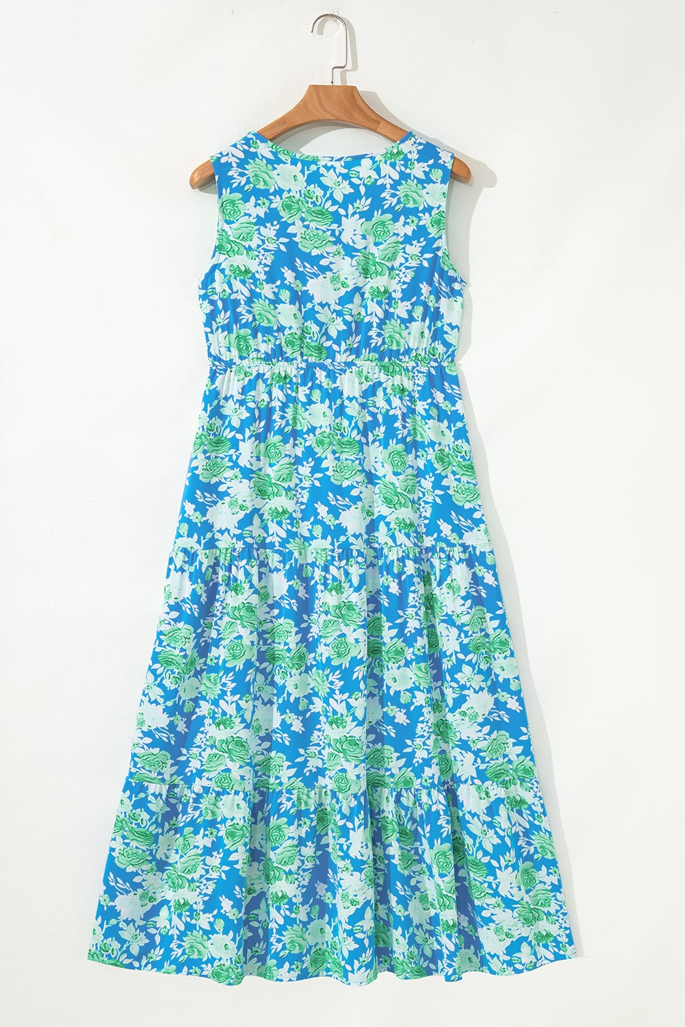 Sky Blue Floral Print Trimmed V Neck Tie Waist Sleeveless Holiday Long Dress