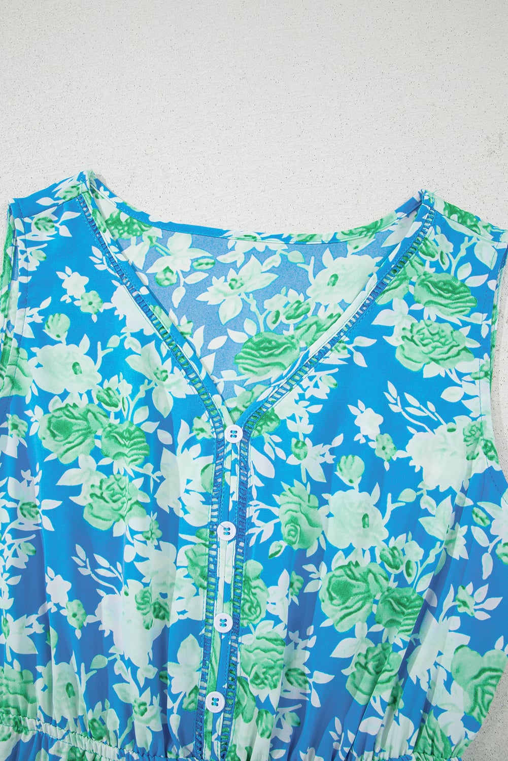 Sky Blue Floral Print Trimmed V Neck Tie Waist Sleeveless Holiday Long Dress