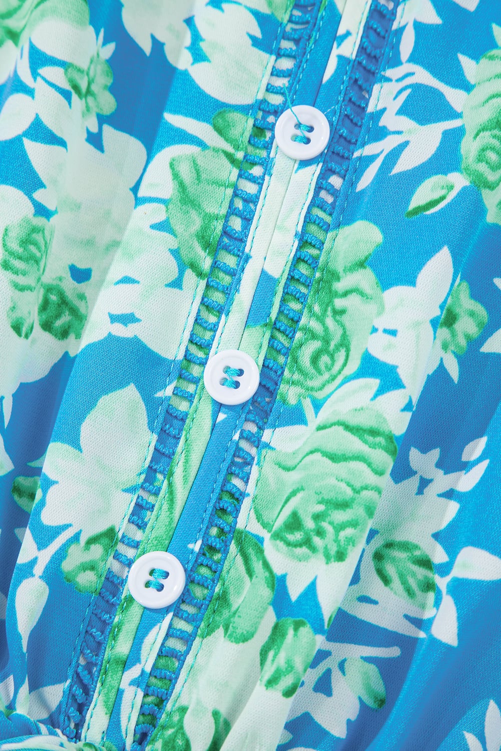 Sky Blue Floral Print Trimmed V Neck Tie Waist Sleeveless Holiday Long Dress