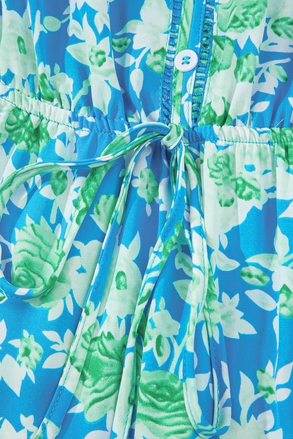 Sky Blue Floral Print Trimmed V Neck Tie Waist Sleeveless Holiday Long Dress