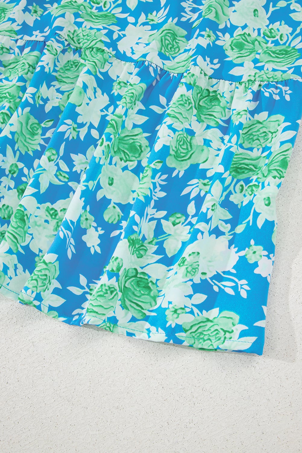 Sky Blue Floral Print Trimmed V Neck Tie Waist Sleeveless Holiday Long Dress