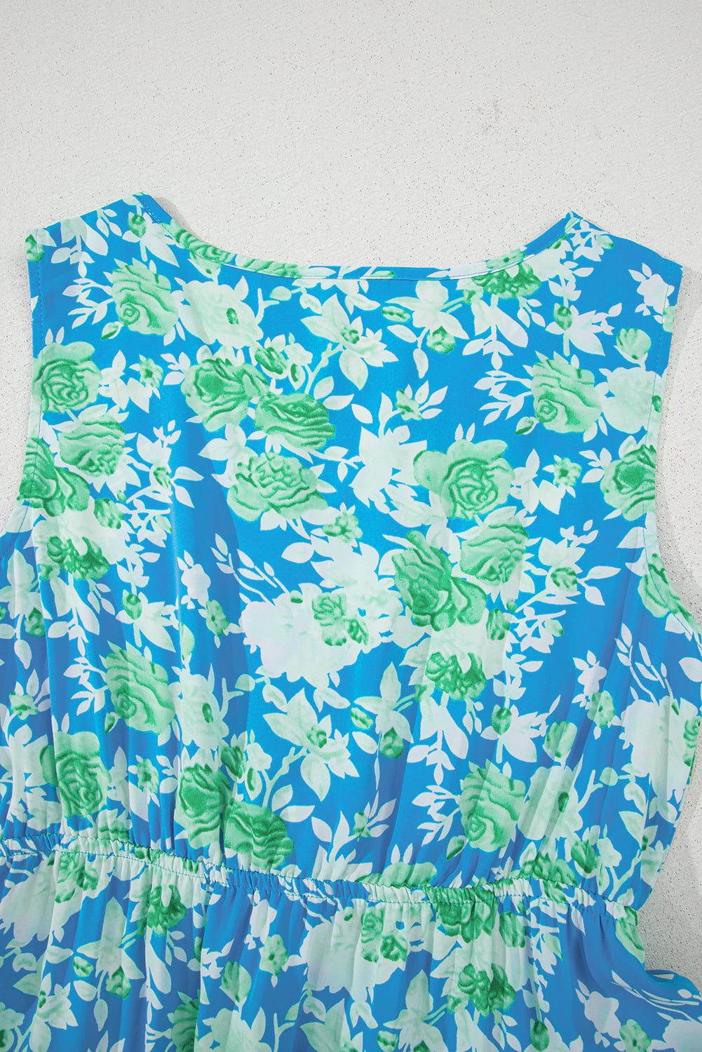 Sky Blue Floral Print Trimmed V Neck Tie Waist Sleeveless Holiday Long Dress