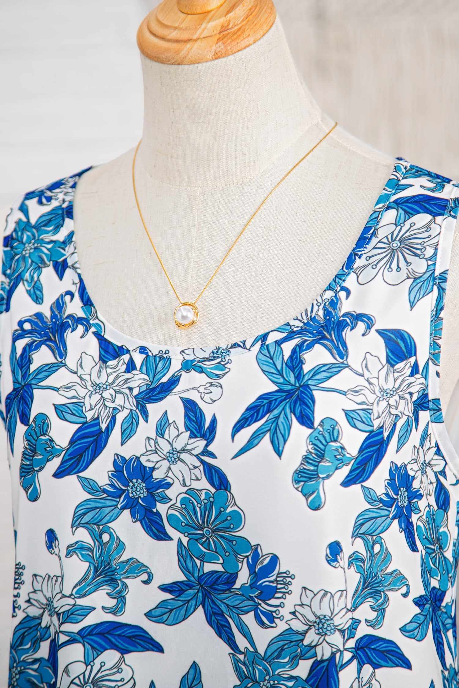 Sky Blue Floral Print U Neck Sleeveless Striped Ruffle Hem Patchwork Dress