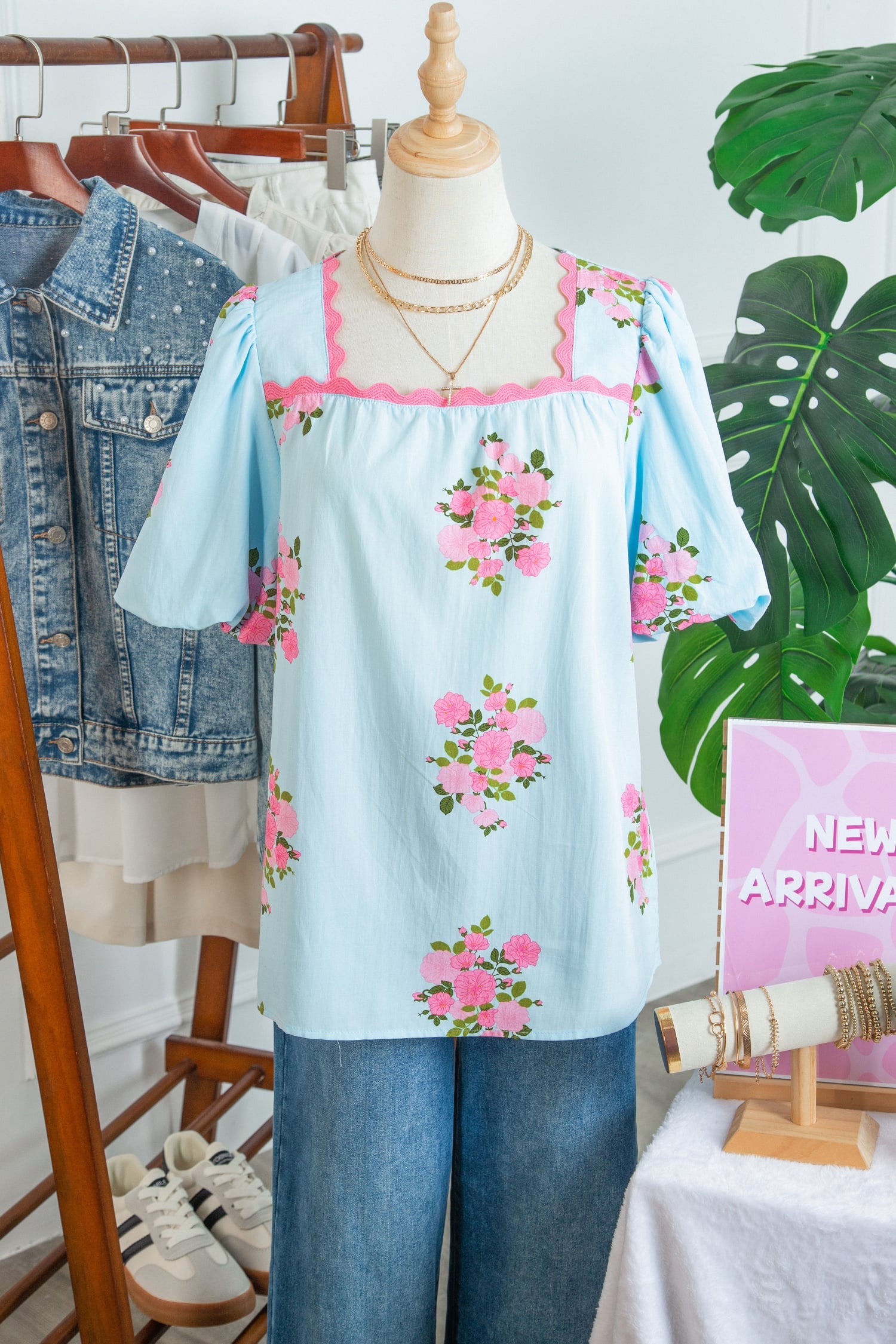 Sky Blue Floral Printed Contrast Ricrac Detail Bubble Sleeve Blouse