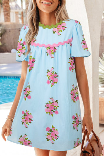 Sky Blue Floral Printed Contrast Ricrac Detail Bubble Sleeve Dress
