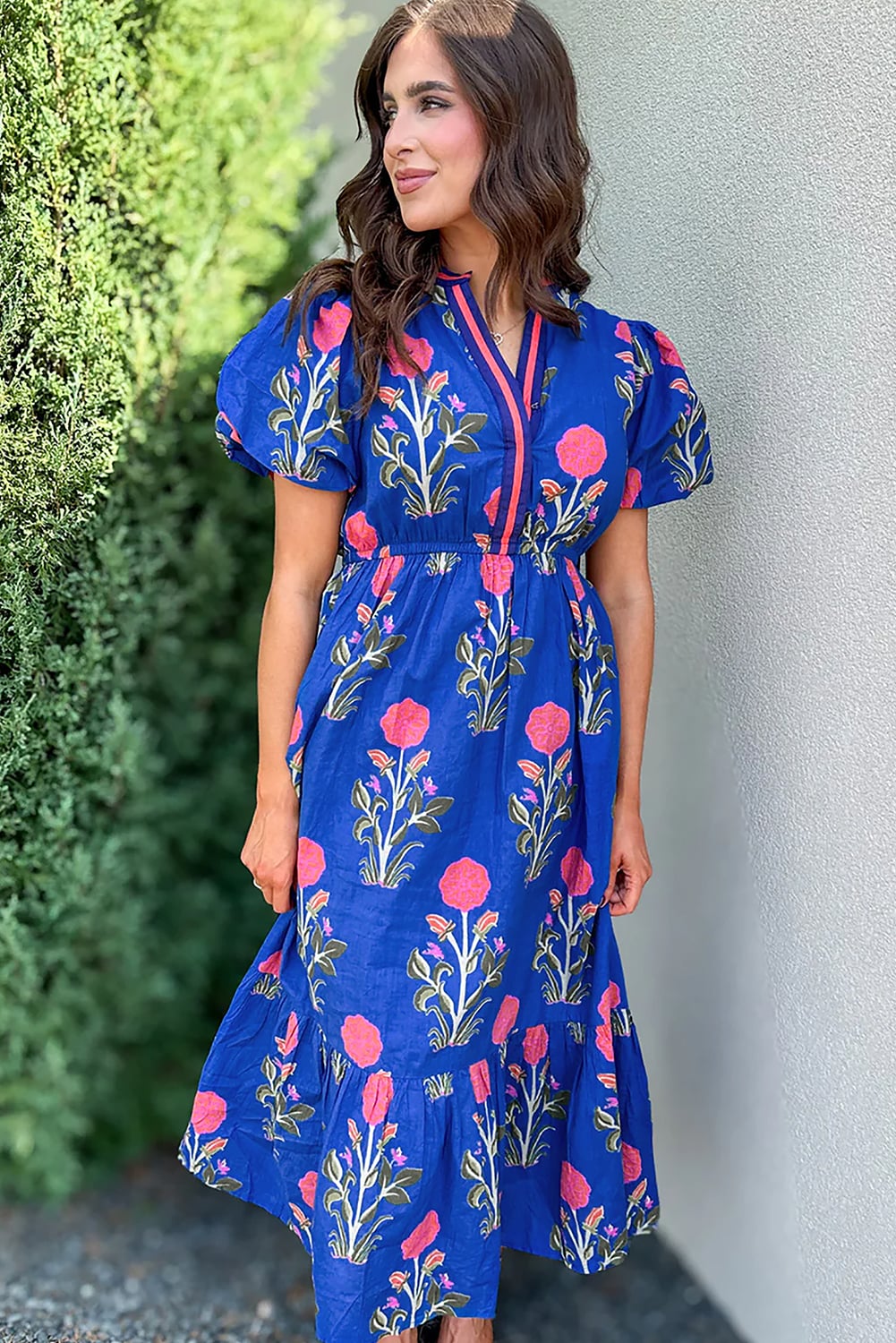 Sky Blue Floral Puff Short Sleeve V Neck High Waist Maxi Dress