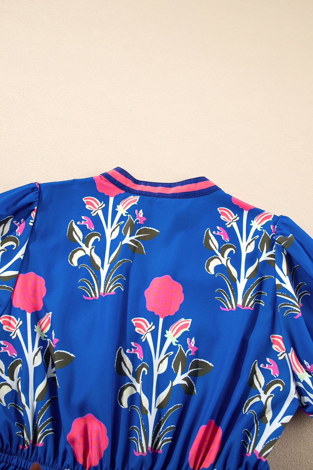 Sky Blue Floral Puff Short Sleeve V Neck High Waist Maxi Dress