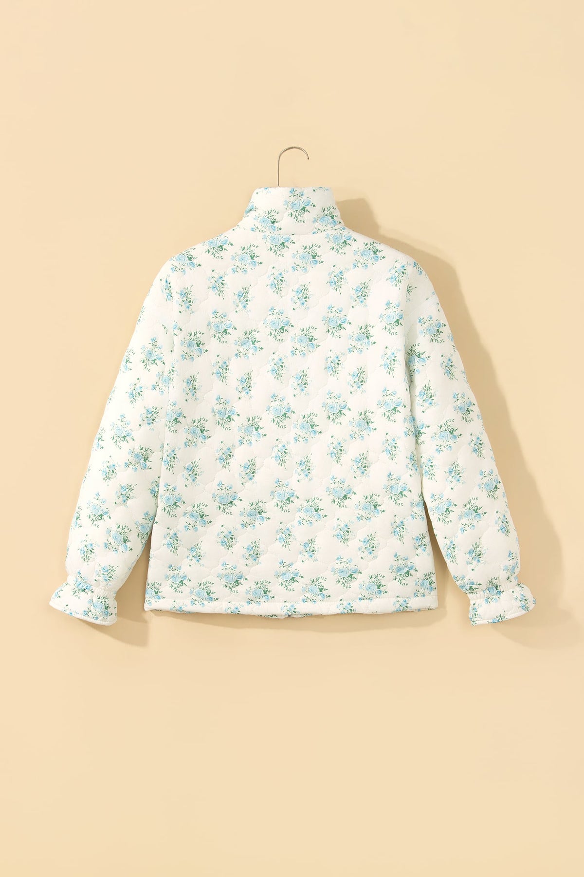 Sky Blue Floral Quilted Flounced Sleeve Casual Puffer Coat