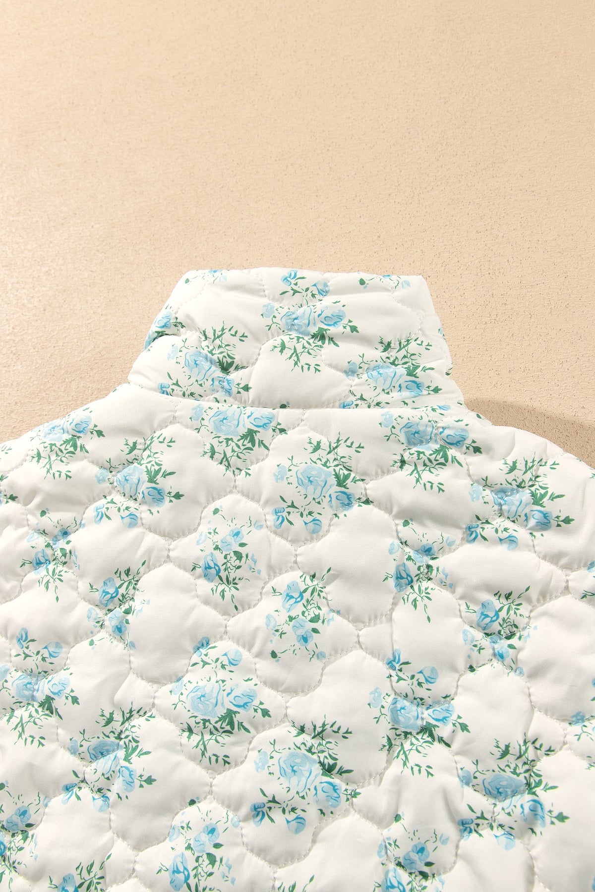 Sky Blue Floral Quilted Flounced Sleeve Casual Puffer Coat