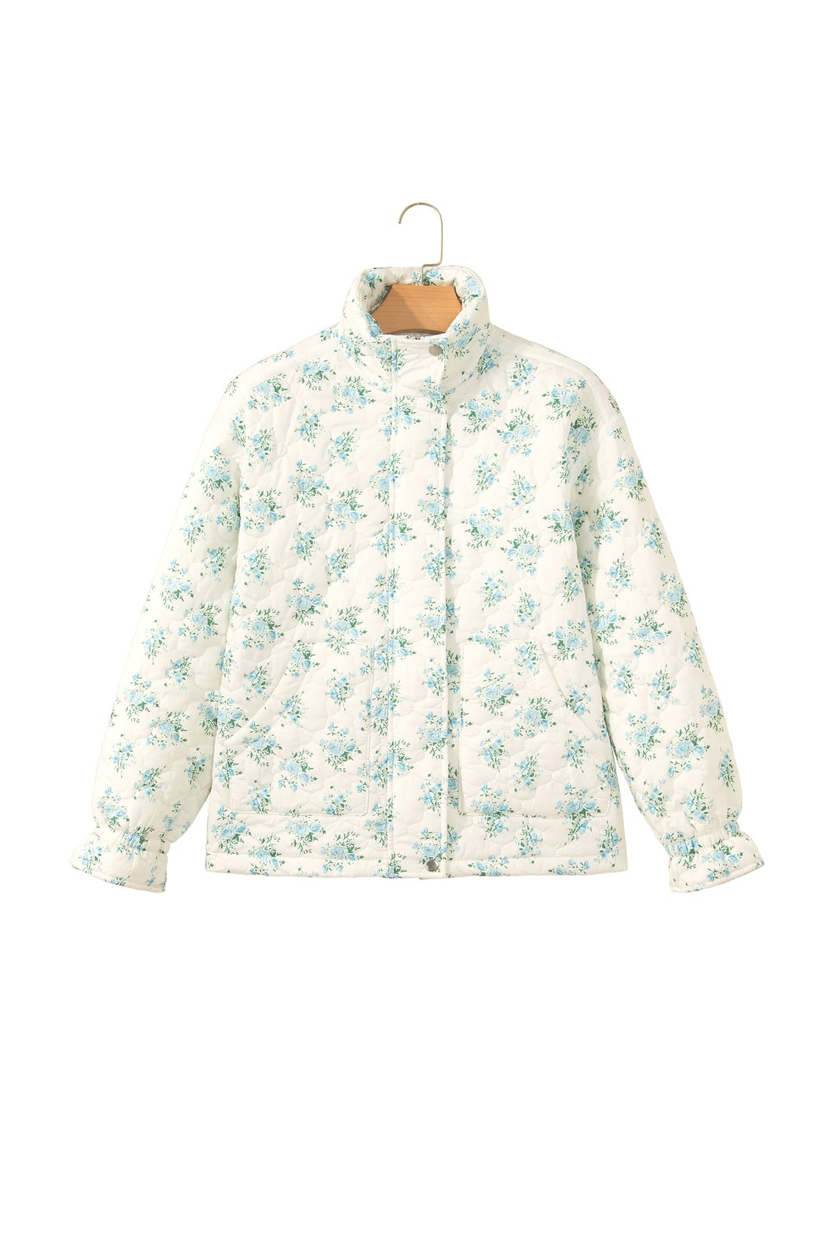 Sky Blue Floral Quilted Flounced Sleeve Casual Puffer Coat