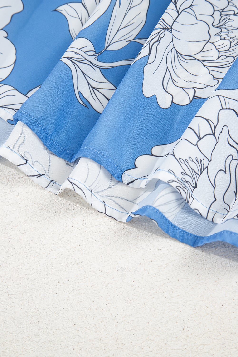 Sky Blue Floral Ricrac Trim Collared Puff Sleeve Loose Blouse