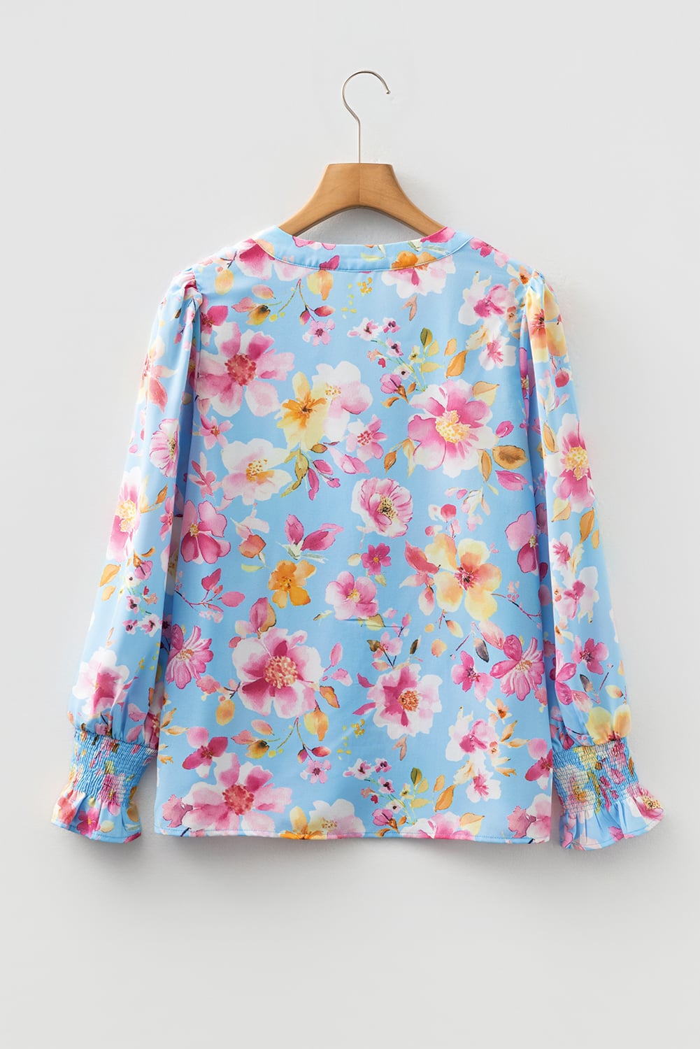 Sky Blue Floral Smocked Cuff Flounce Sleeve V Neck Blouse