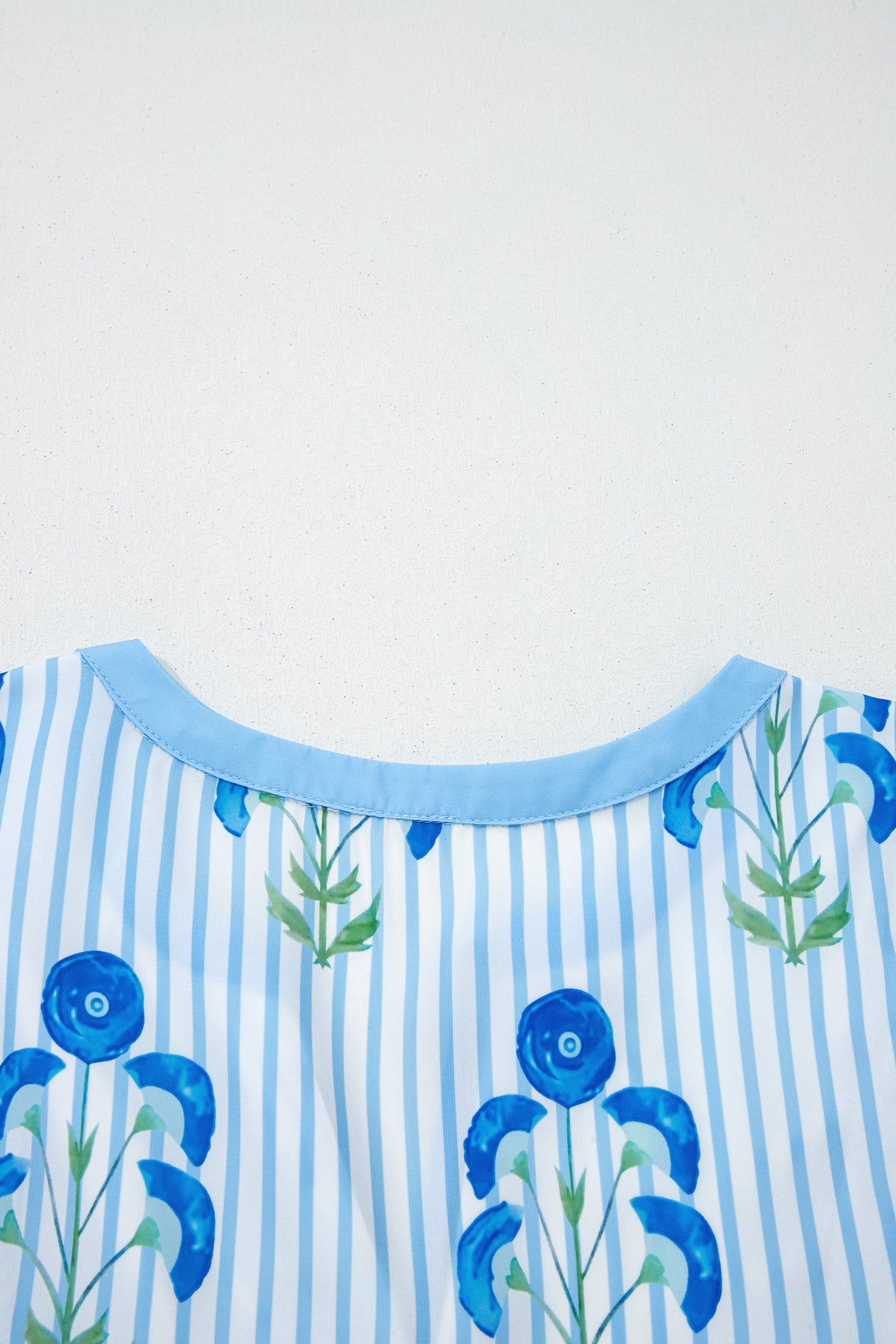Sky Blue Floral Striped Print Tie Notched Neck Puff Sleeve Flared Mini Dress