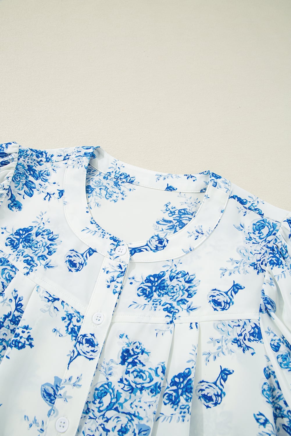 Sky Blue Floral Tiered Puff Short Sleeve Pleated Bust Buttoned Casual Shirt