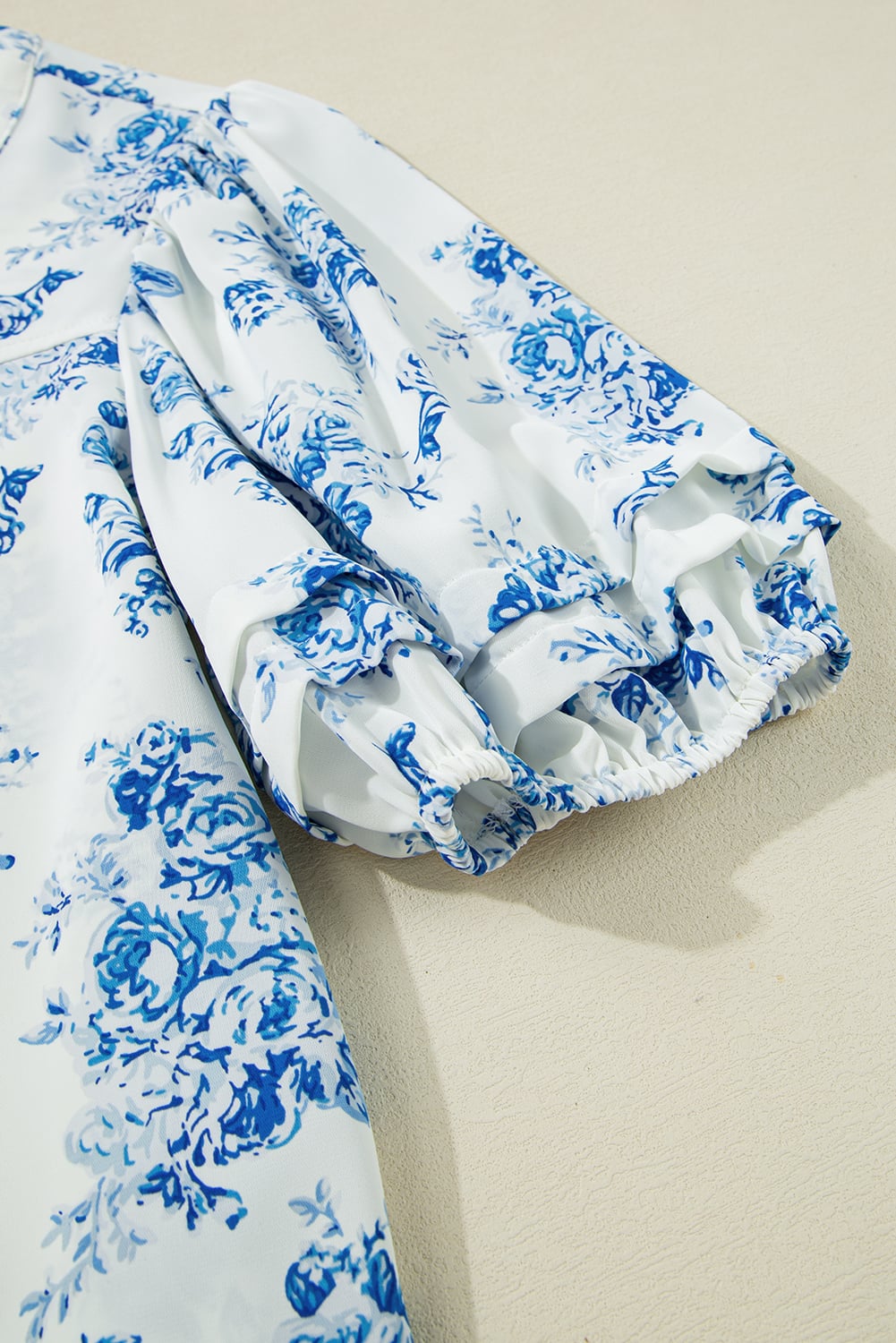 Sky Blue Floral Tiered Puff Short Sleeve Pleated Bust Buttoned Casual Shirt