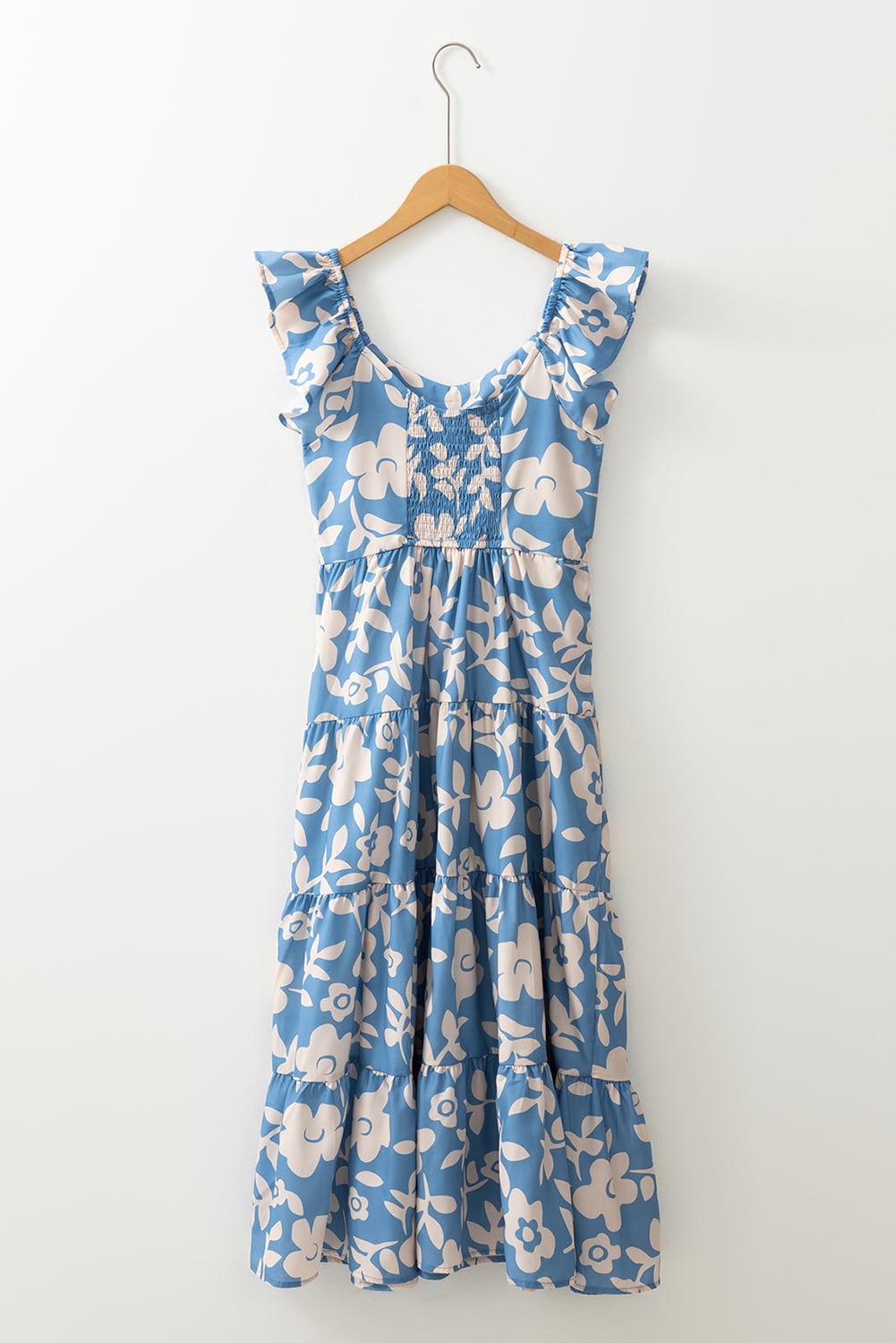 Sky Blue Floral U Neck Flutter Shoulder Tiered Flowy Midi Dress