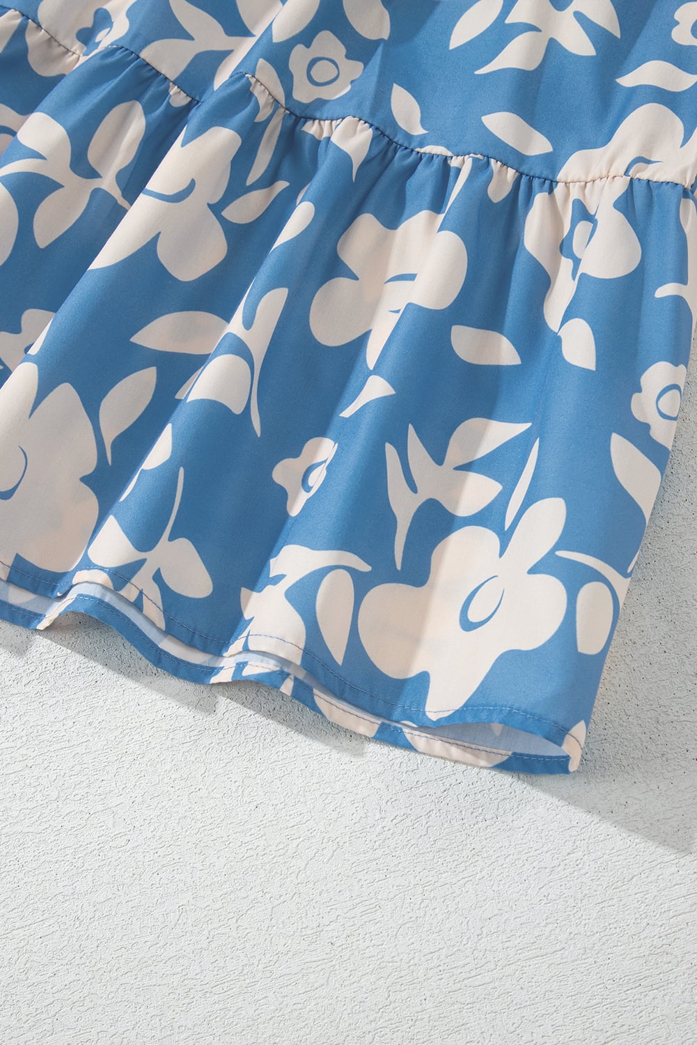Sky Blue Floral U Neck Flutter Shoulder Tiered Flowy Midi Dress