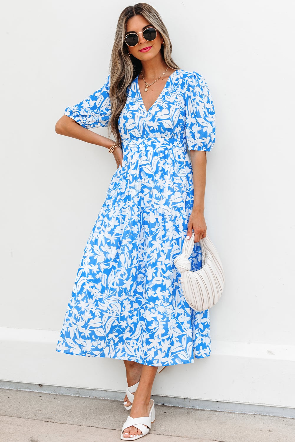 Sky Blue Floral V Neck Puff Short Sleeve Flowy Long Dress