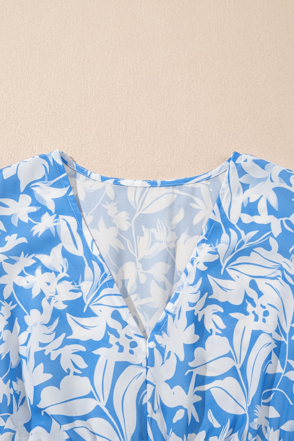 Sky Blue Floral V Neck Puff Short Sleeve Flowy Long Dress