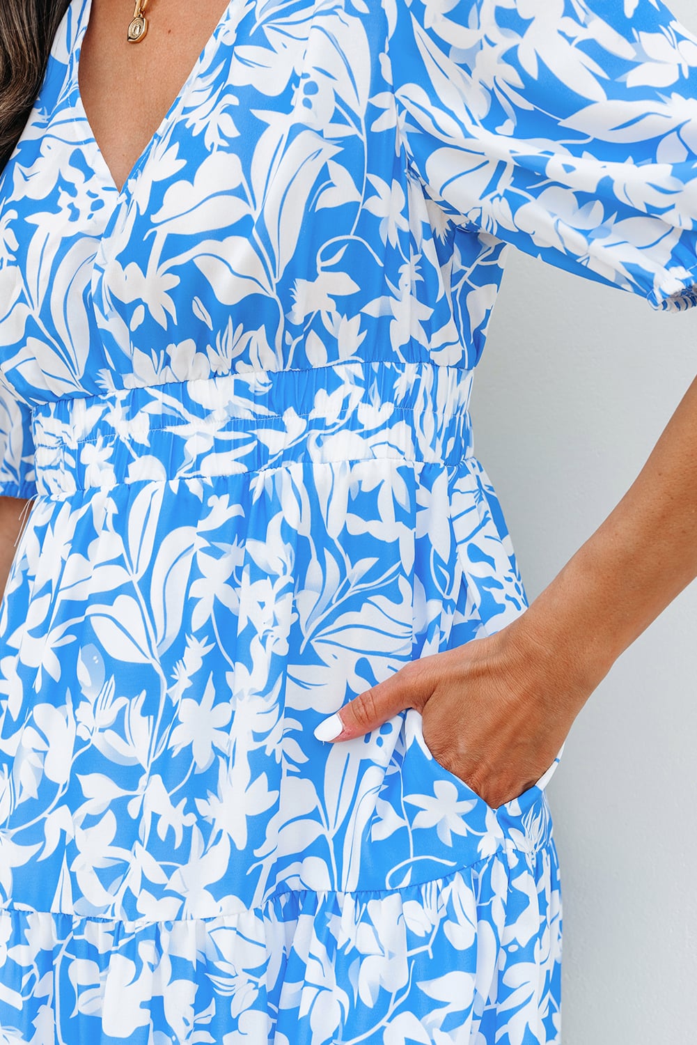 Sky Blue Floral V Neck Puff Short Sleeve Flowy Long Dress