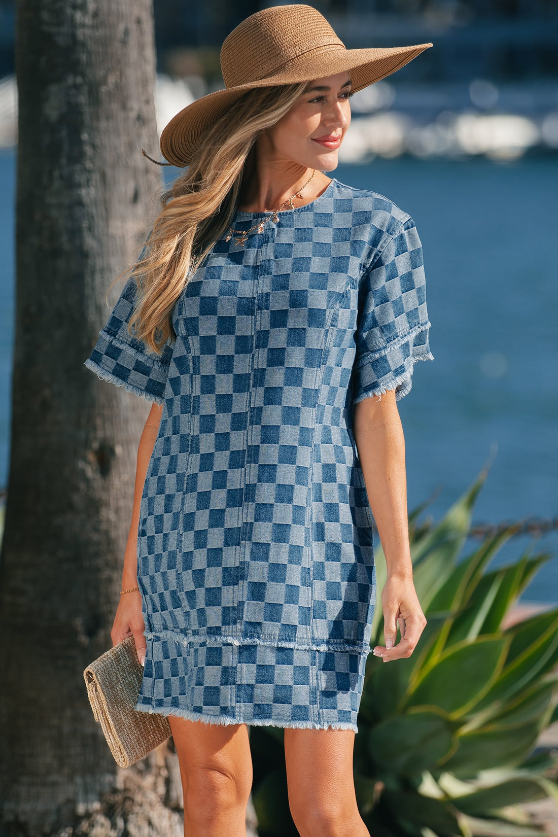 Sky Blue Frayed Hem Checkered Denim Mini Dress