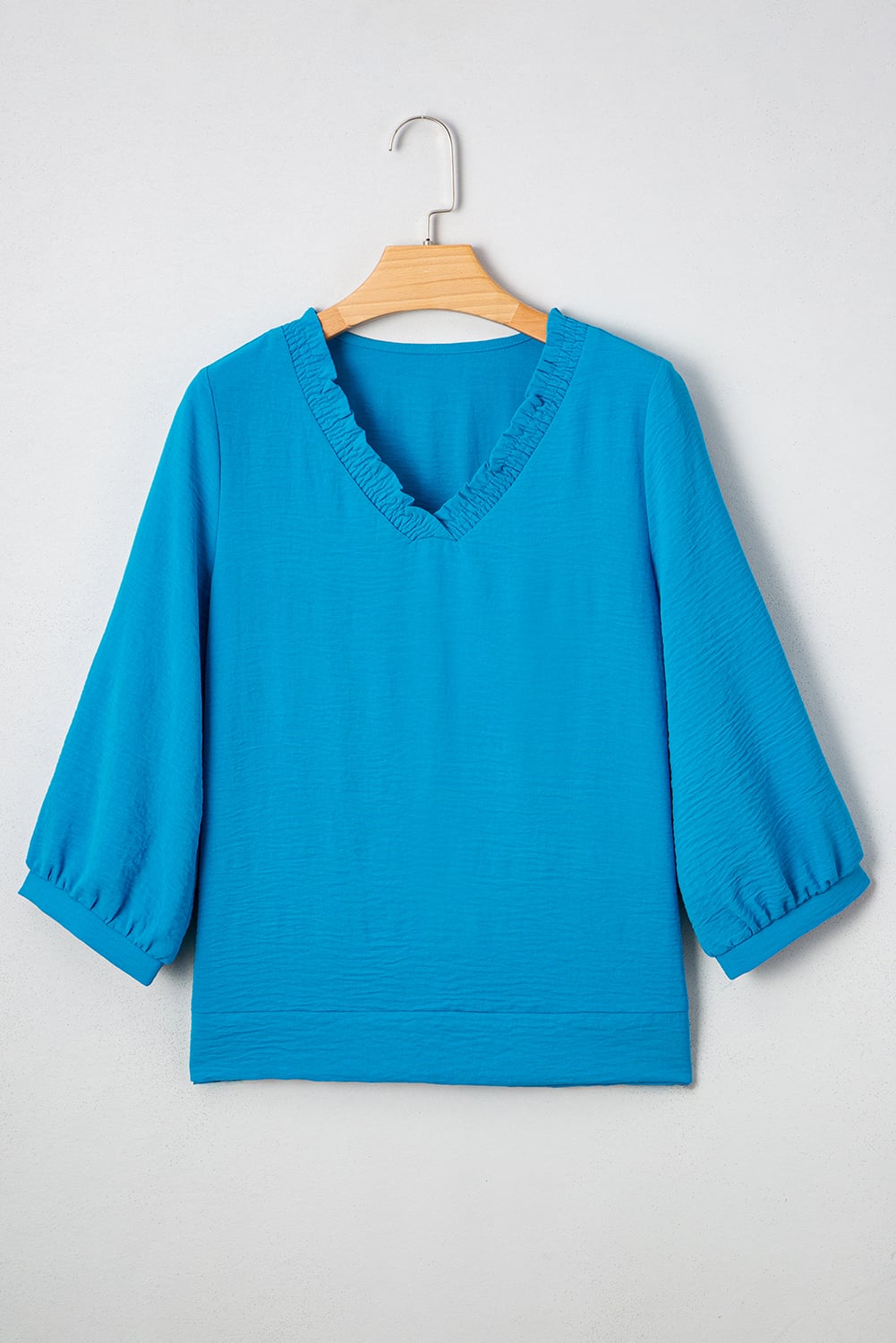 Sky Blue Frilled V Neckline Bracelet Sleeve Crinkled Blouse