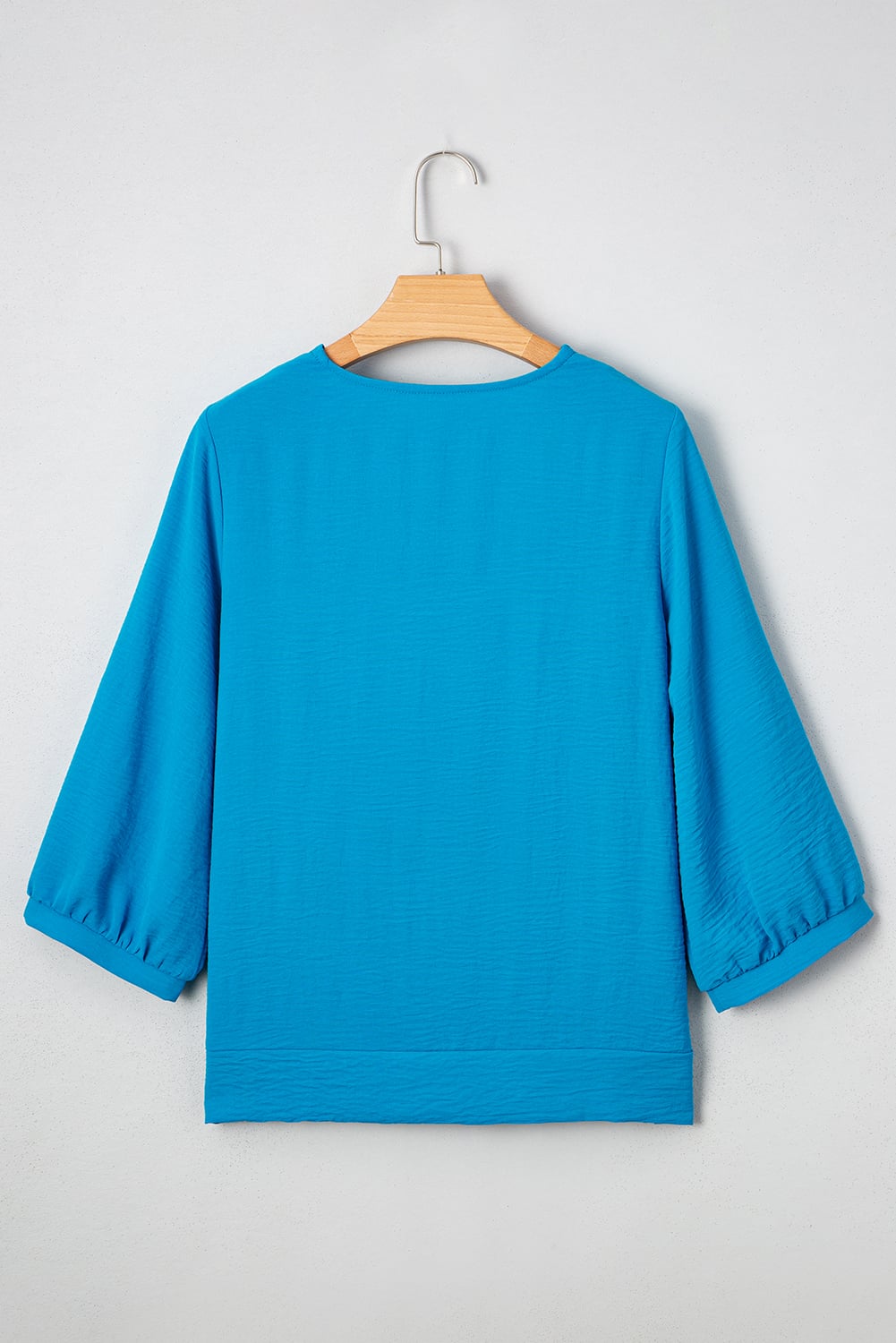 Sky Blue Frilled V Neckline Bracelet Sleeve Crinkled Blouse