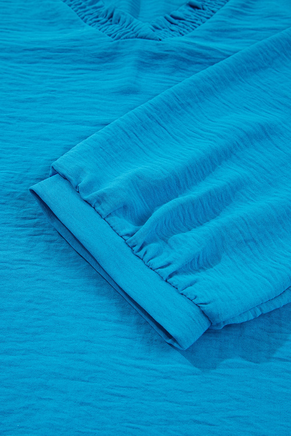 Sky Blue Frilled V Neckline Bracelet Sleeve Crinkled Blouse