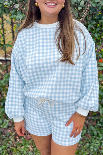 Sky Blue Gingham Loose Pullover Top Drawstring Shorts Plus Size Set