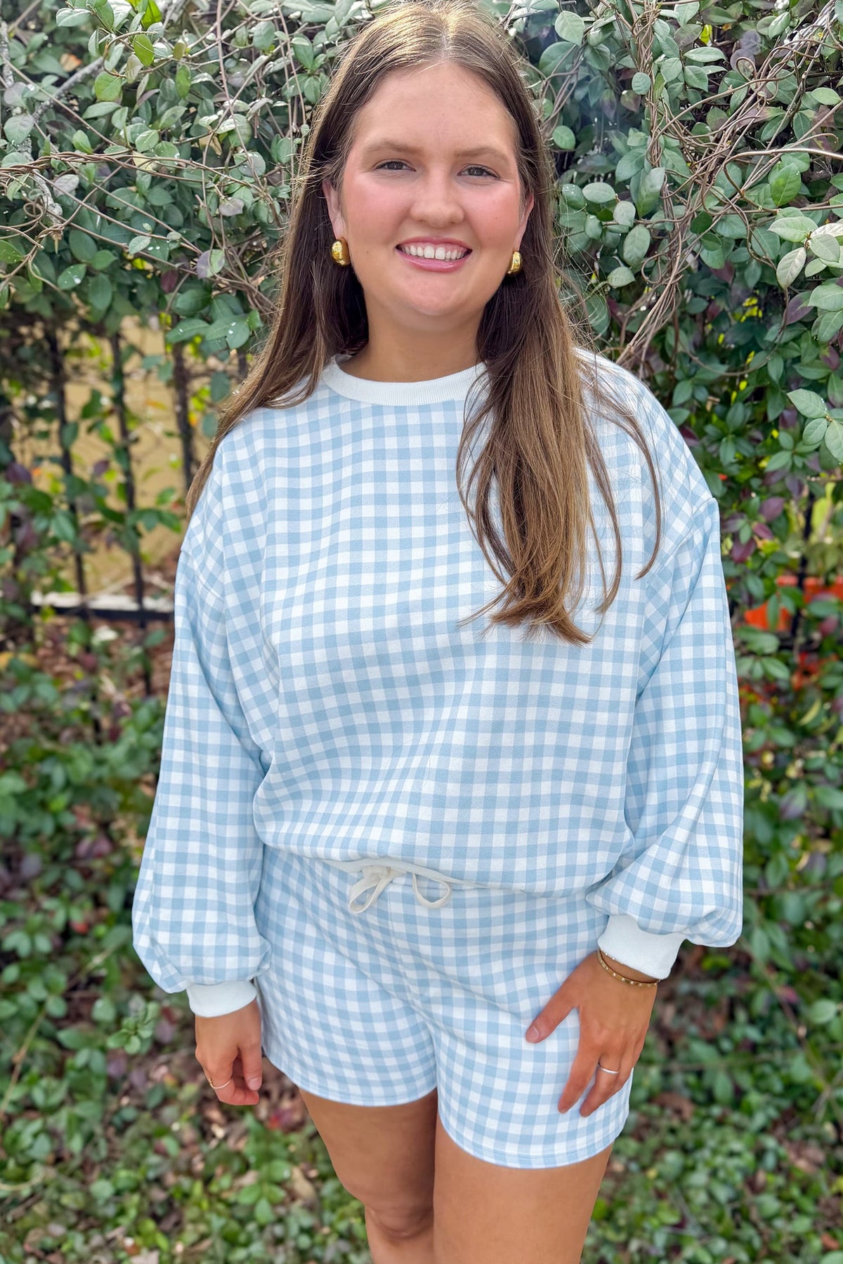 Sky Blue Gingham Loose Pullover Top Drawstring Shorts Plus Size Set