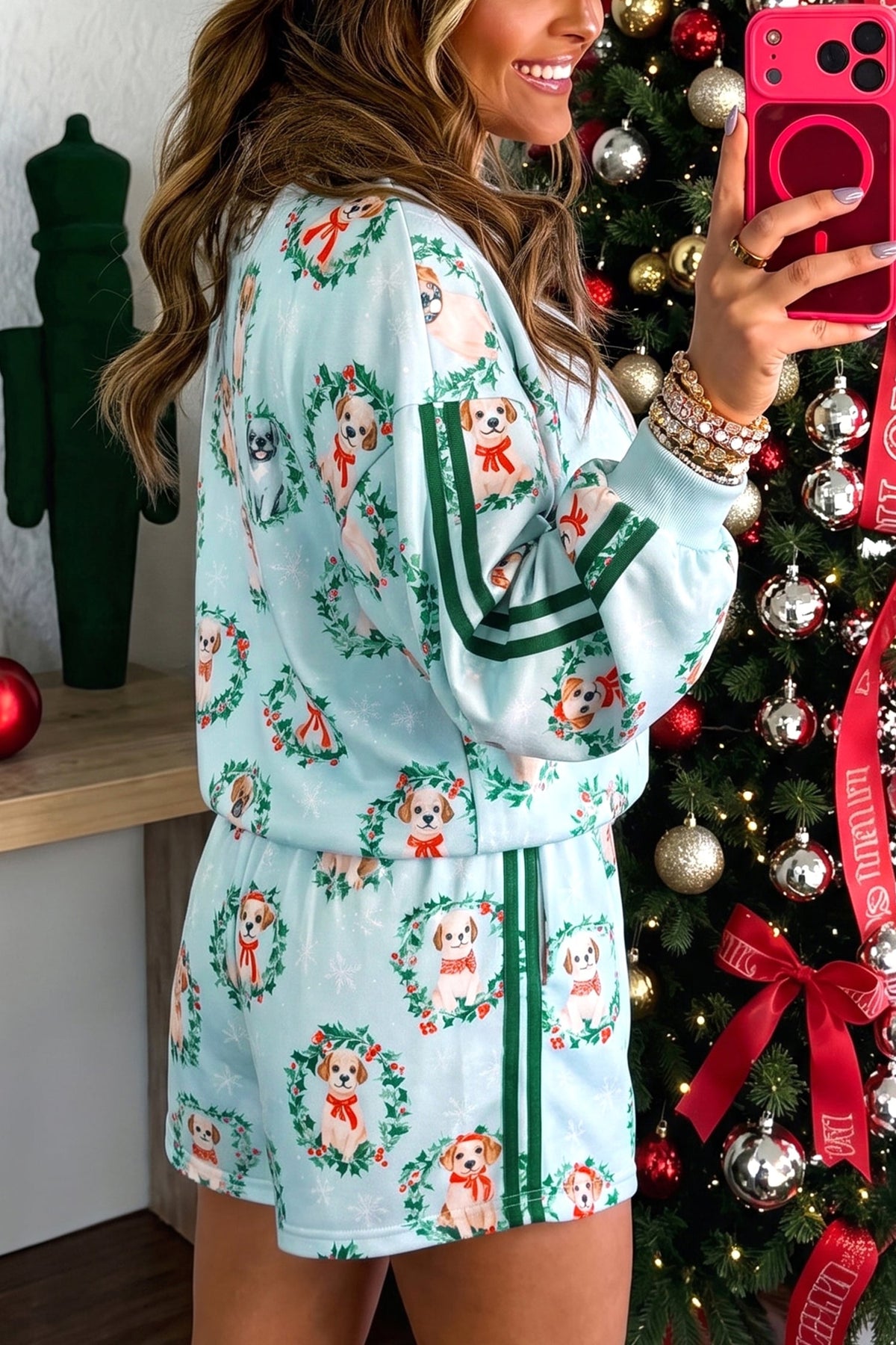 Sky Blue Holiday Puppies Wreath Print Pocket Sweatshirt and Shorts Set