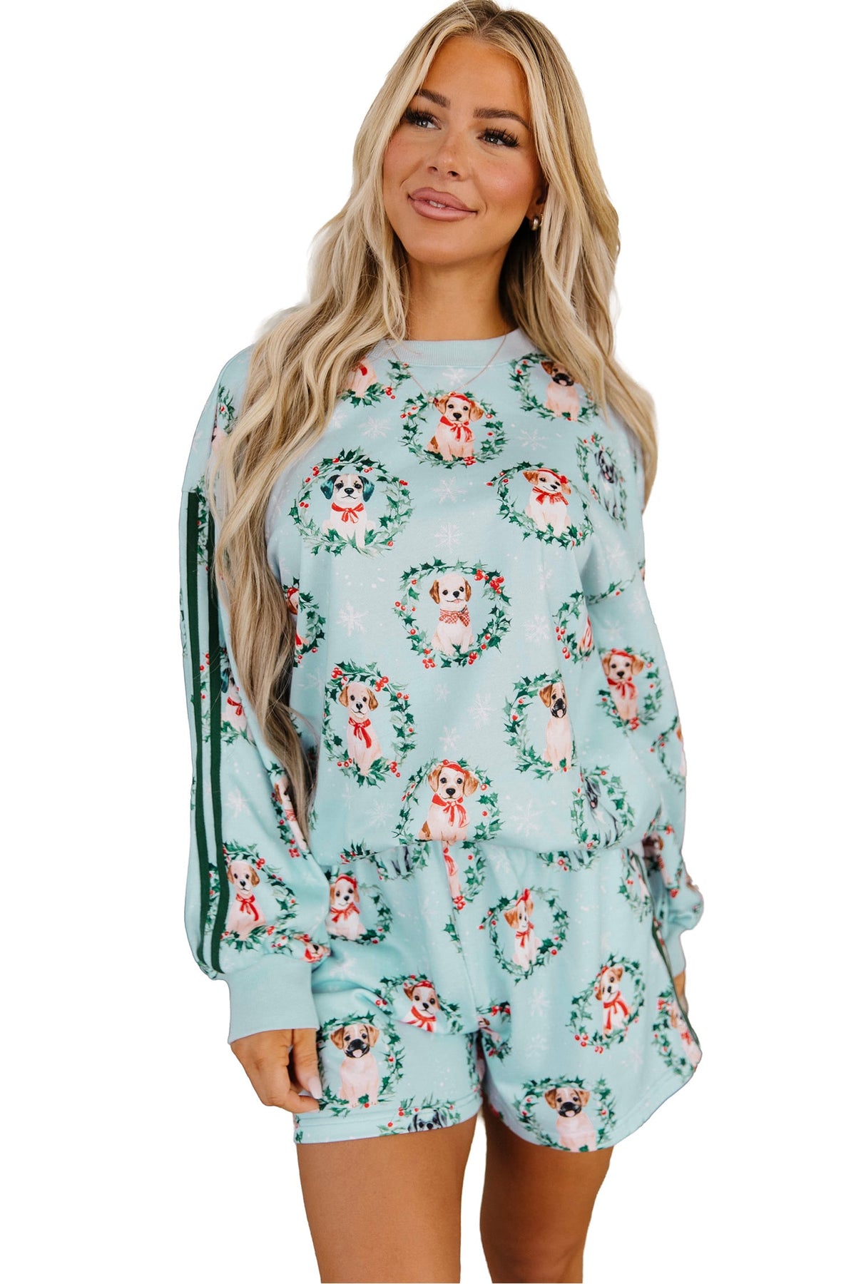Sky Blue Holiday Puppies Wreath Print Pocket Sweatshirt and Shorts Set