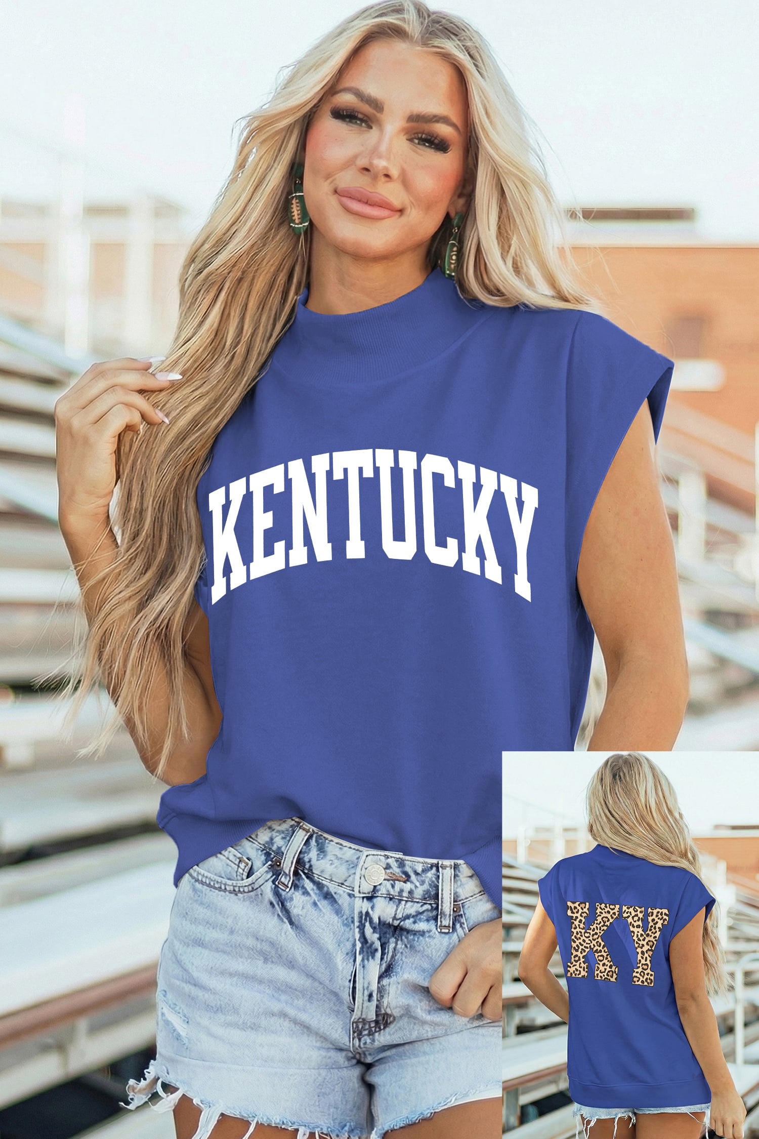 Sky Blue KENTUCKY Leopard KY Double Side Printed Mock Neck Tee