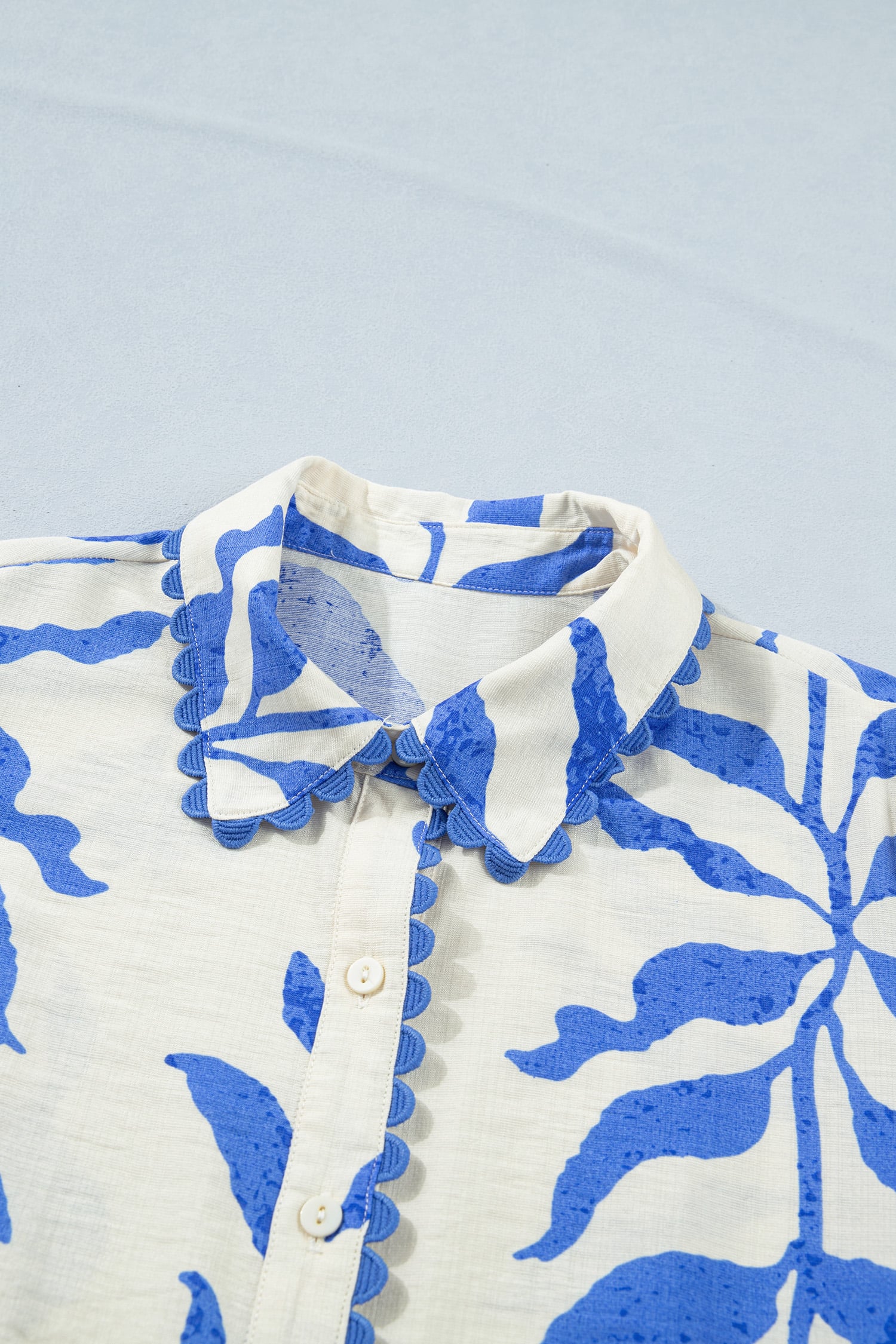 Sky Blue Leafy Botanical Print Side Tie Button Down Maxi Dress