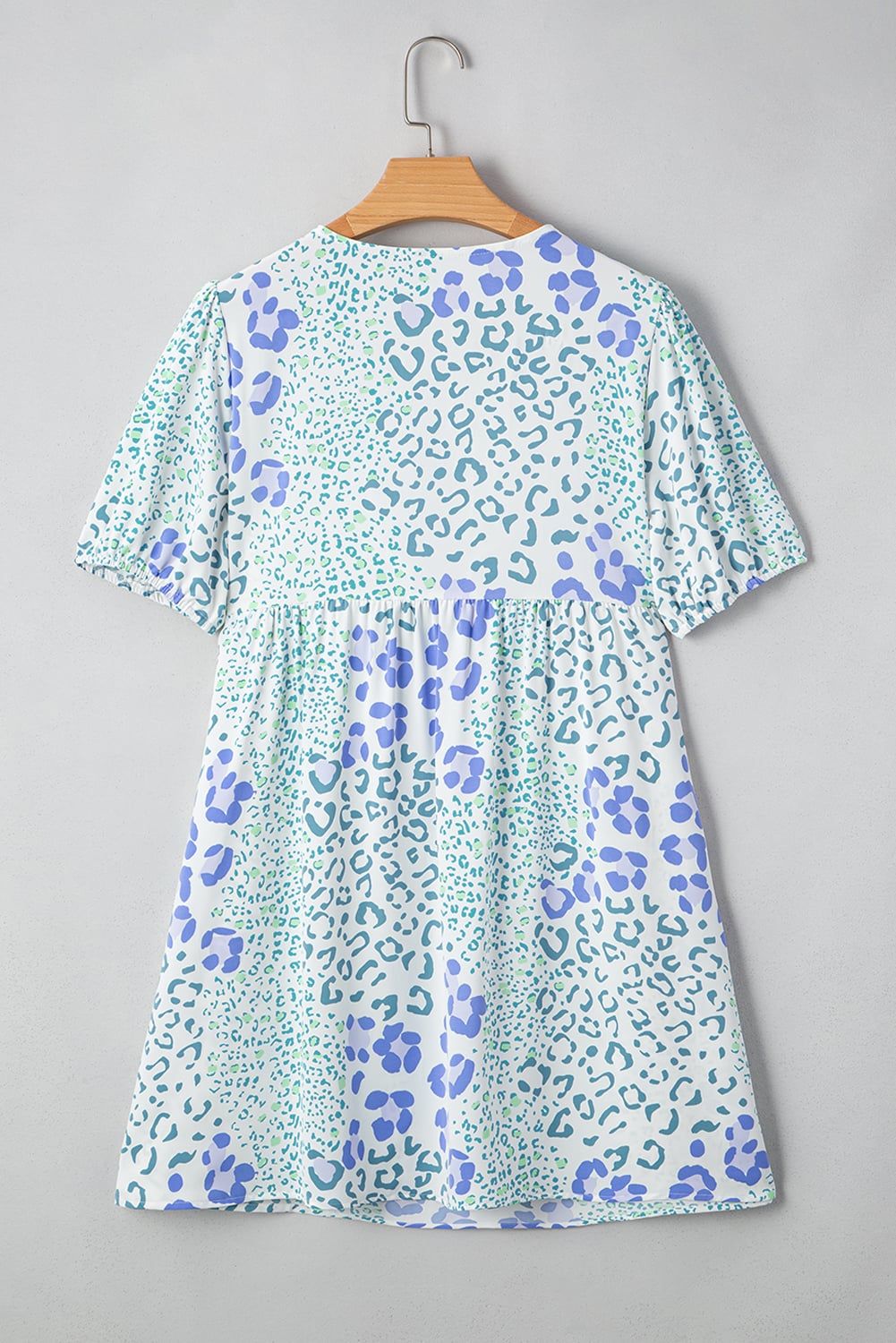Sky Blue Leopard Contrast Bow Puff Sleeve Mini Dress