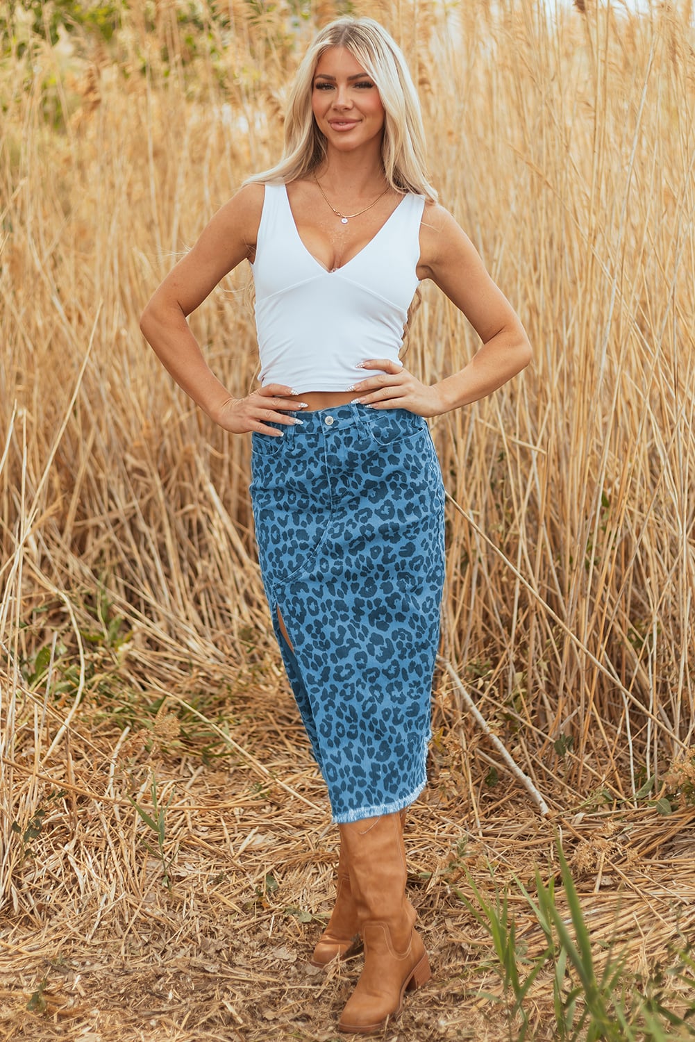 Sky Blue Leopard Print Frayed Edge Denim Skirt Long Casual Daily Wear