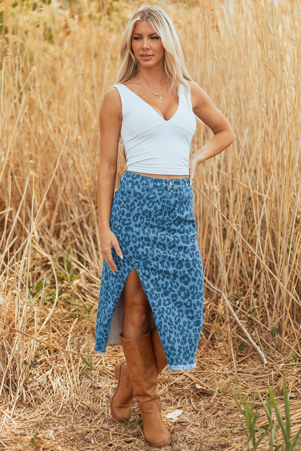 Sky Blue Leopard Print Frayed Edge Denim Skirt Long Casual Daily Wear