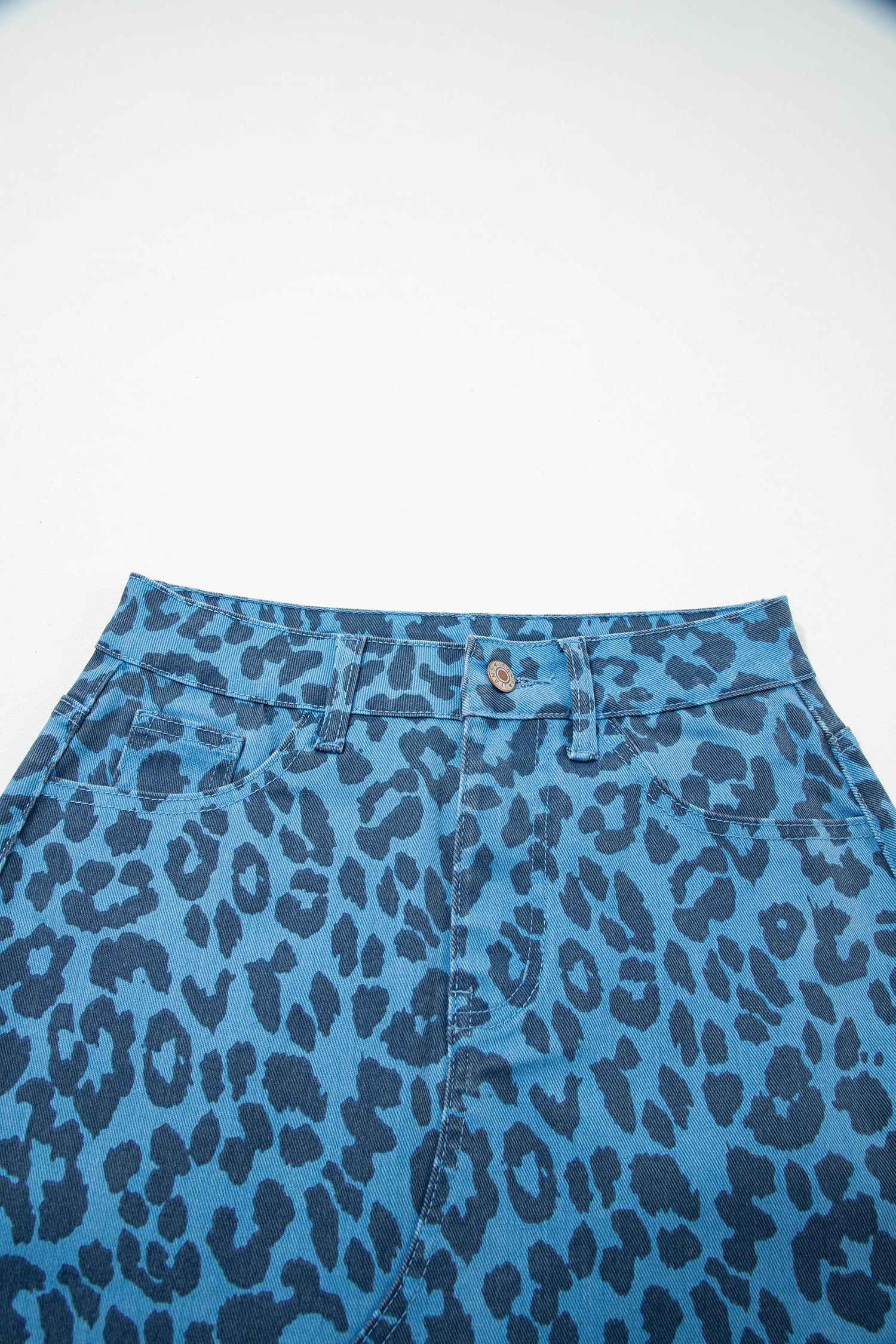 Sky Blue Leopard Print Frayed Edge Denim Skirt Long Casual Daily Wear
