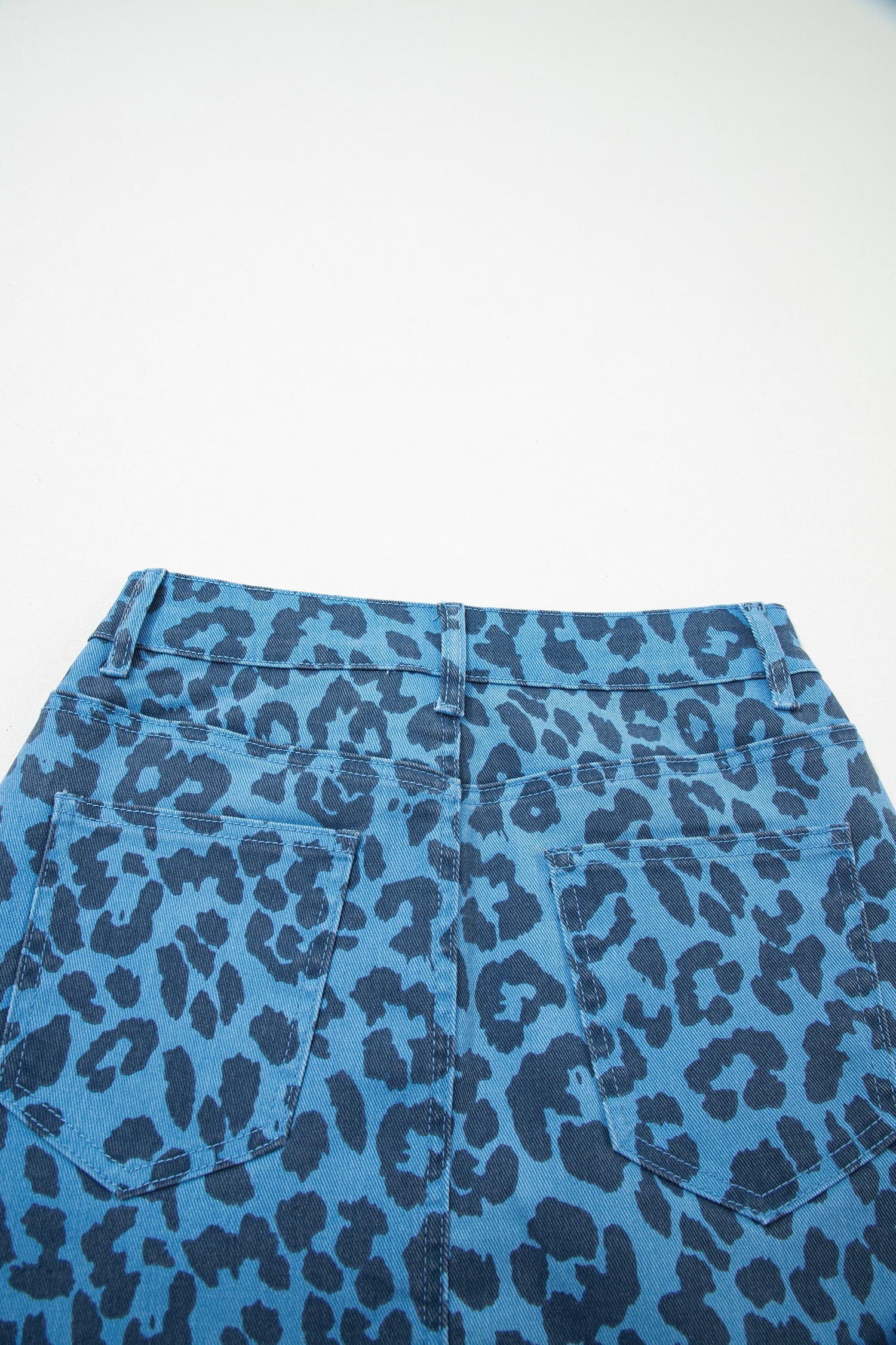 Sky Blue Leopard Print Frayed Edge Denim Skirt Long Casual Daily Wear