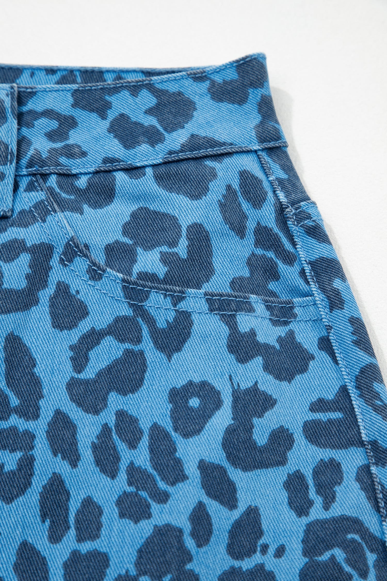 Sky Blue Leopard Print Frayed Edge Denim Skirt Long Casual Daily Wear