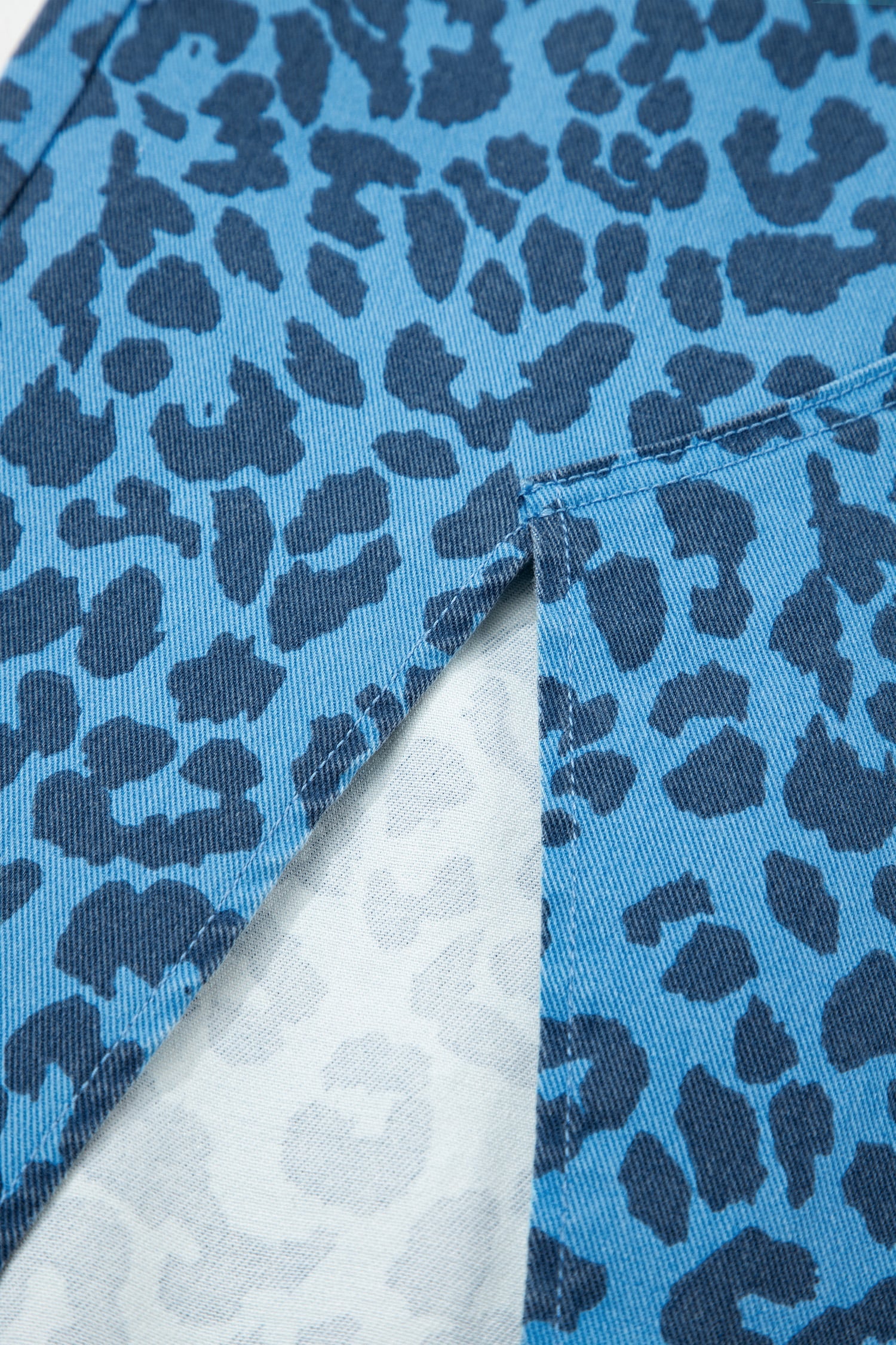 Sky Blue Leopard Print Frayed Edge Denim Skirt Long Casual Daily Wear