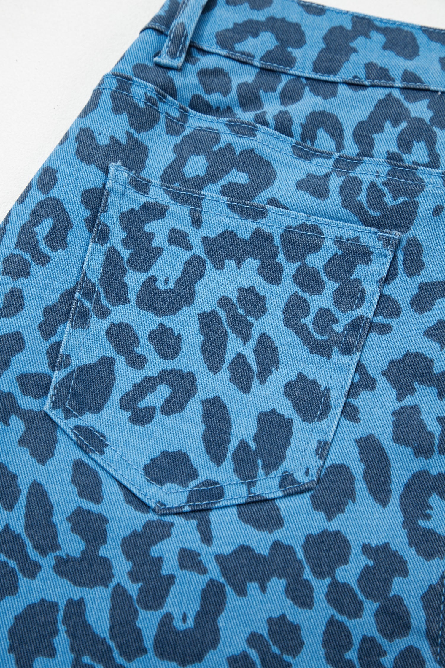 Sky Blue Leopard Print Frayed Edge Denim Skirt Long Casual Daily Wear