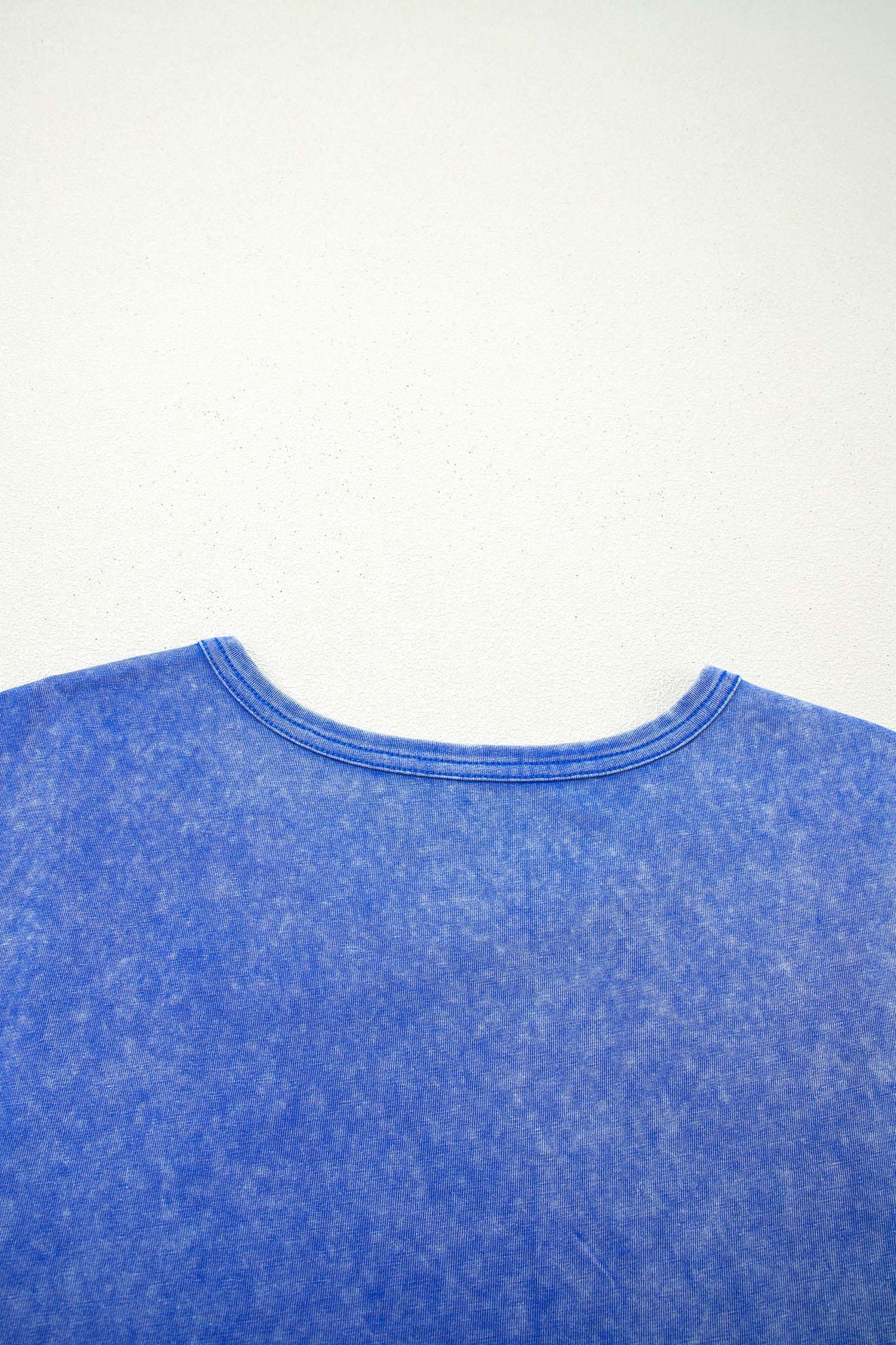 Sky Blue Mineral Wash Raw Seam Lace Sleeve Cotton Tee