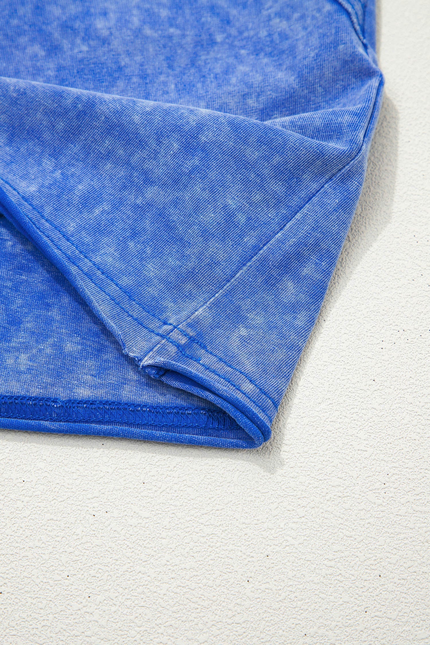 Sky Blue Mineral Wash Raw Seam Lace Sleeve Cotton Tee